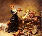 Fruit Paintings - Allegorie De L'Automne La Duchesse De Gramont Presente Un Etalage De Fruits Et De Giber by Madeleine Jeanne Lemaire